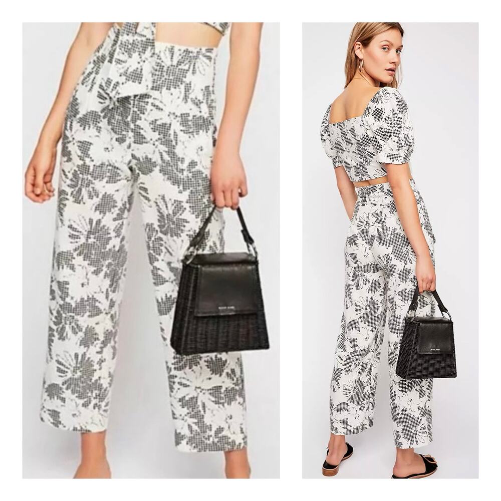 Free People Hampton Gingham Floral Wide Leg Pants Size 6 Black White